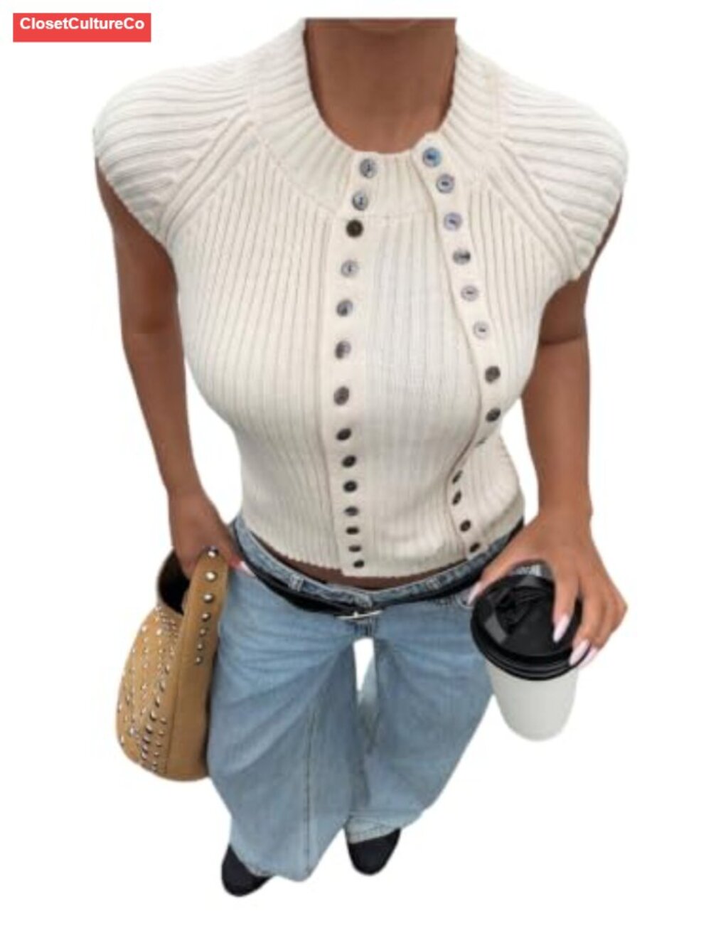 Cap Sleeve Knit Sweater Vest Button Front Fall Layering Top